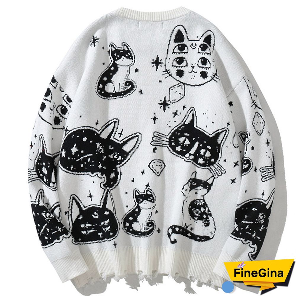 Cartoon Cat Print Loose Sweater