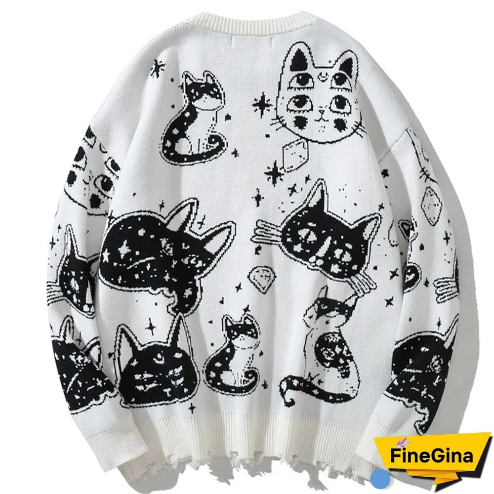 Cartoon Cat Print Loose Sweater