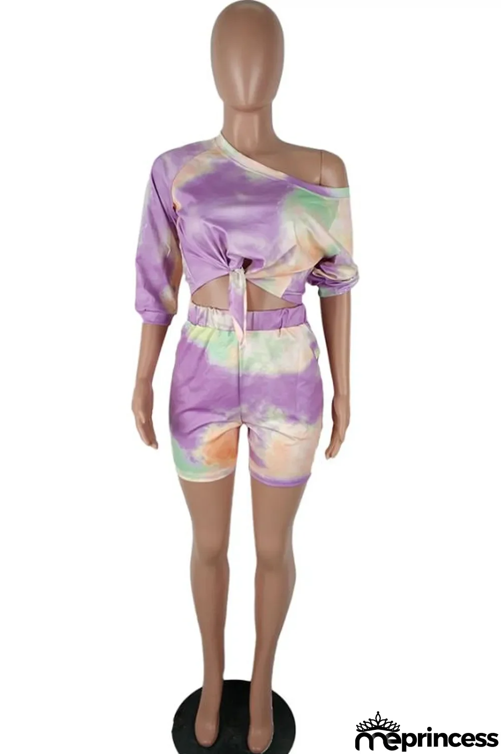 purple Polyester Casual Fashion Two Piece Suits asymmetrical Tie Dye crop top Regular