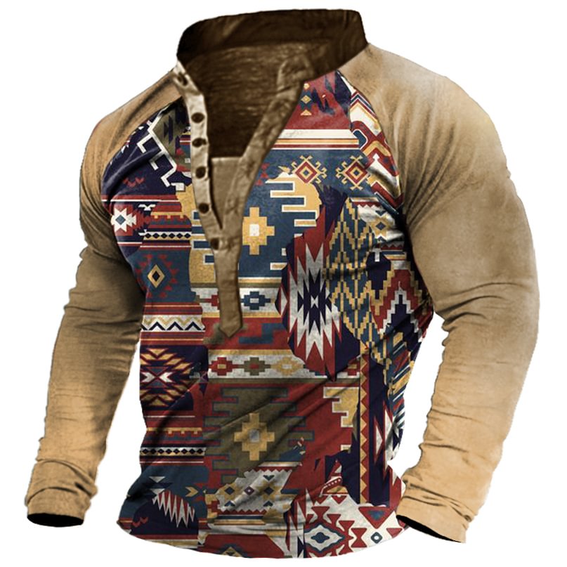 Men's Retro Totem Printed Matching Long Sleeved Henry Shirt