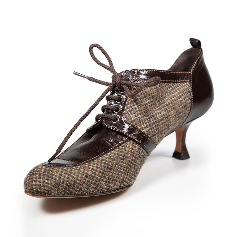 Brown Tweed Patchwork Lace-Up Almond Toe Kitten Heel Women's Oxfords Nicepairs