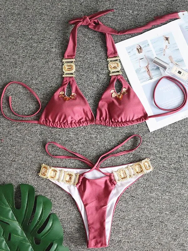  Crystal Bandage Split Bikini Swimsuit