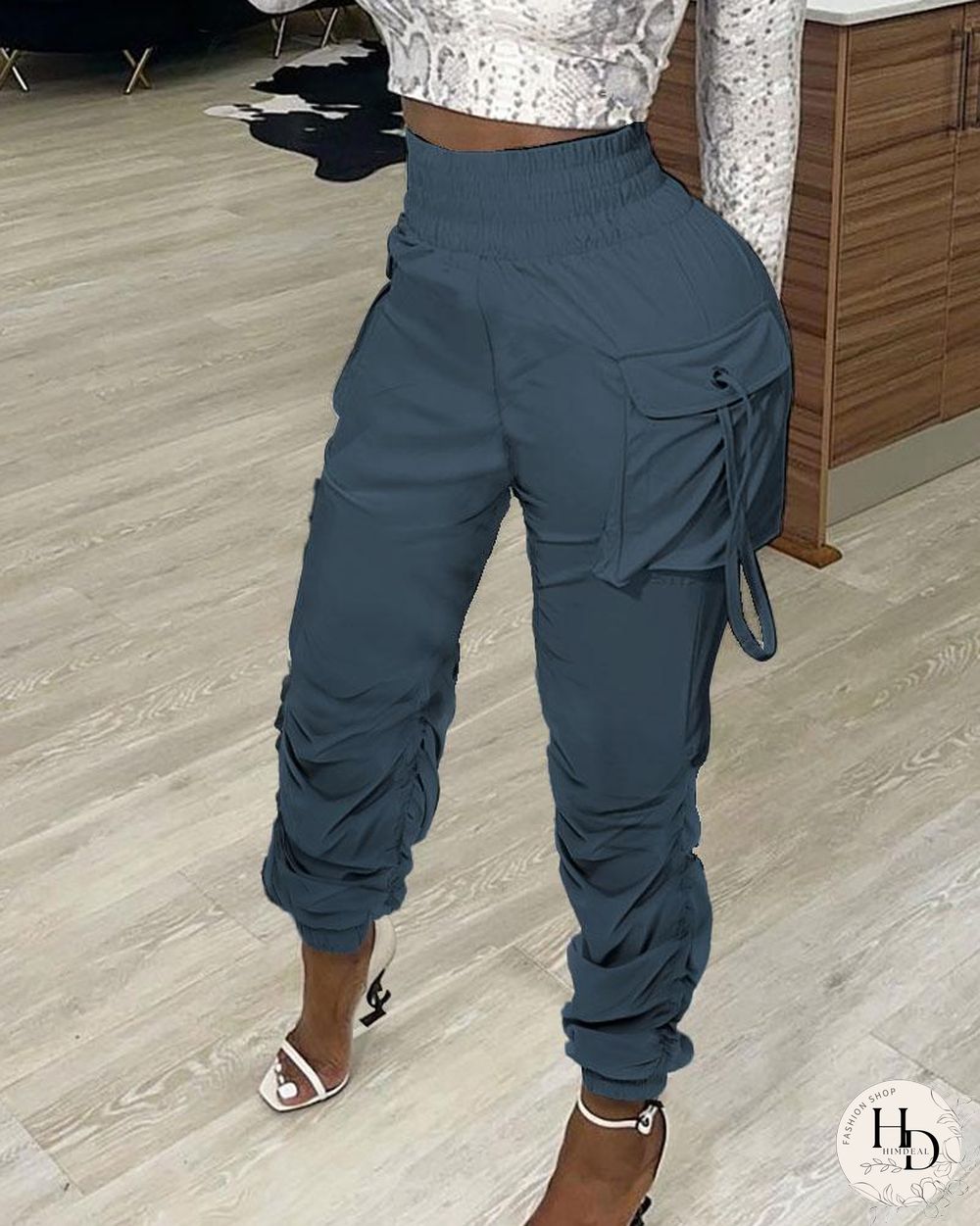 Pocket Design Ruched Plain Pants P14088