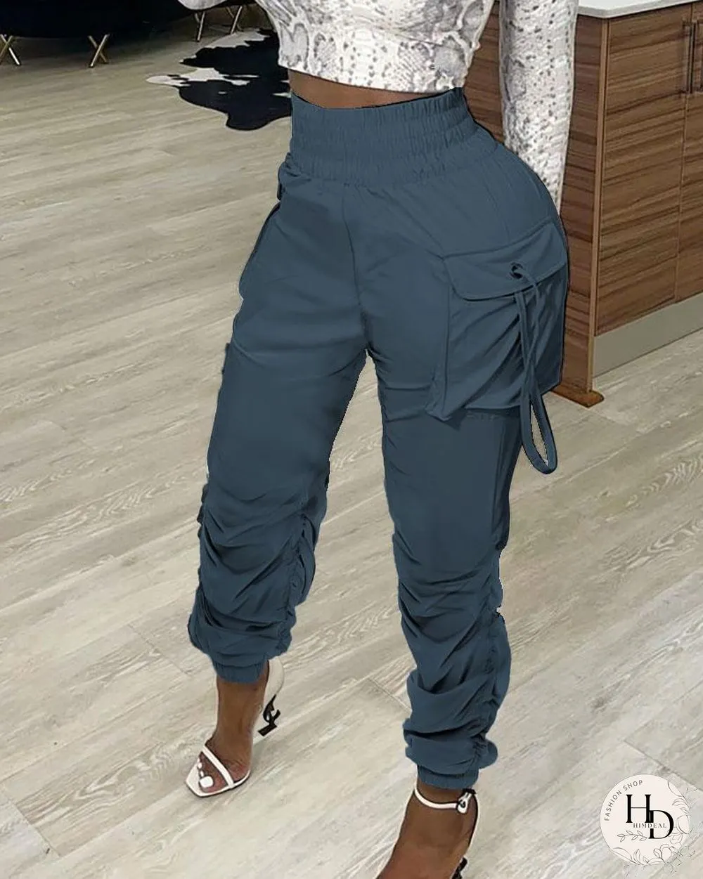 Pocket Design Ruched Plain Pants P14088