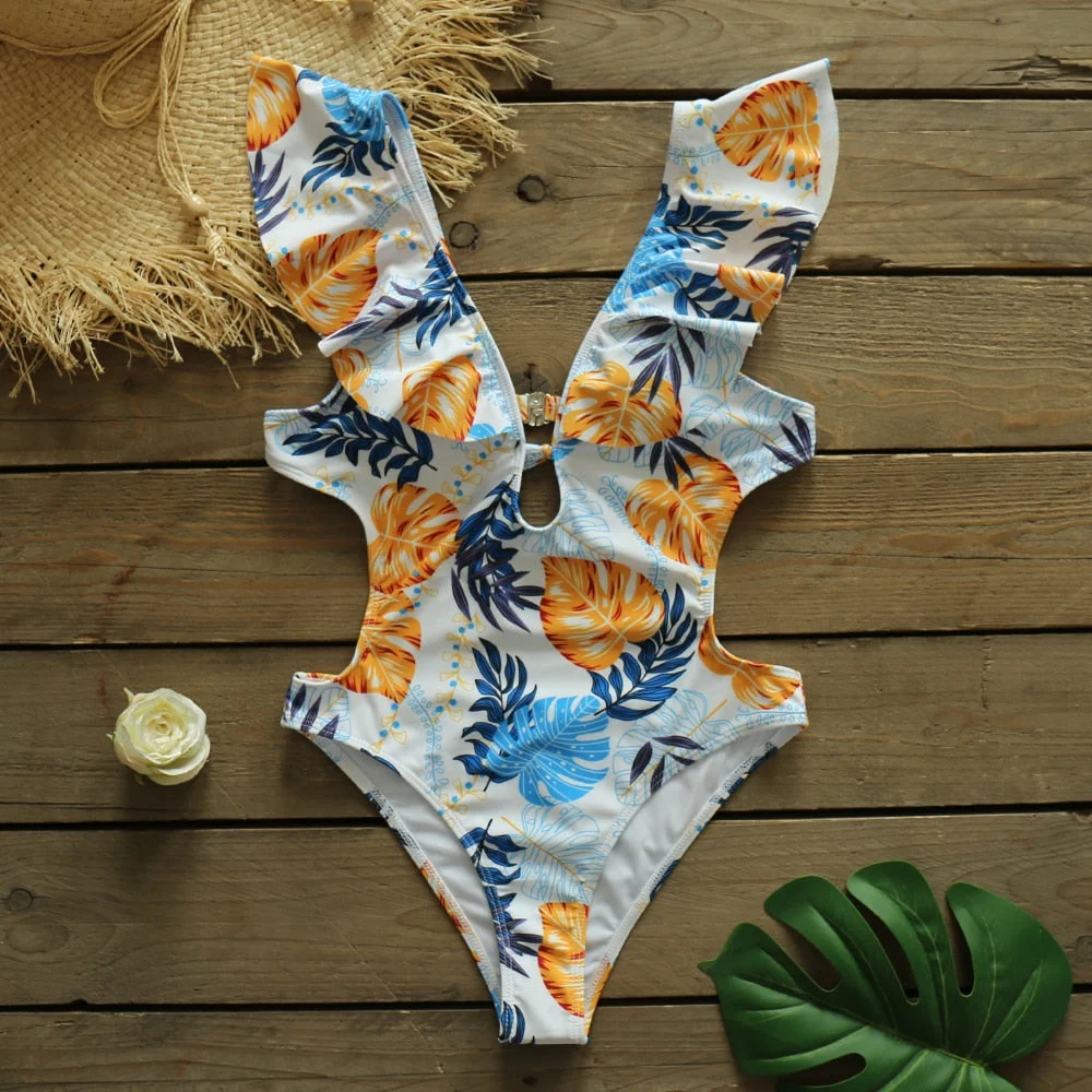 2021 New Sexy Ruffle Print Floral One Piece Swimsuit Strappy Swimwear Women Deep V Backless Bathing Suit Beach Wear  Monokini