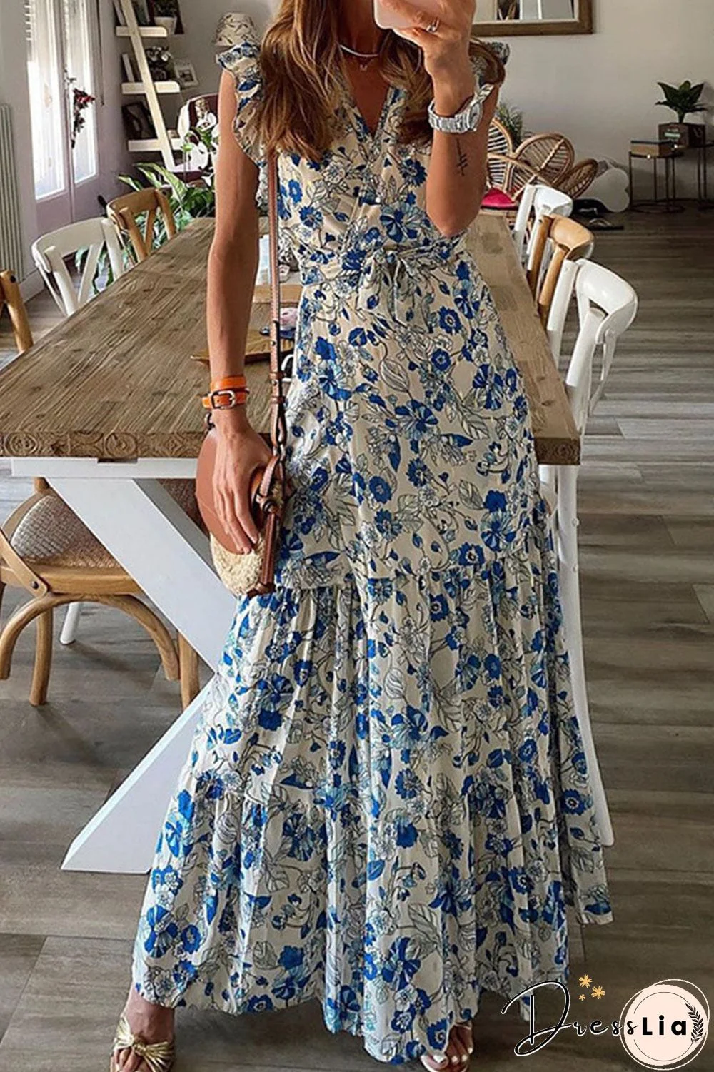 Fashion Street Print Frenulum V Neck Printed Dress Dresses