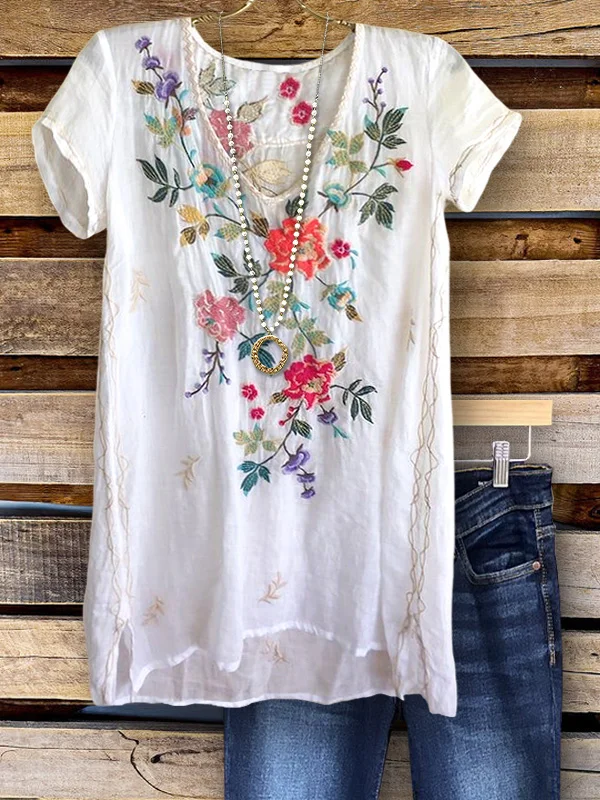 Casual Embroidered Floral V-Neck Top