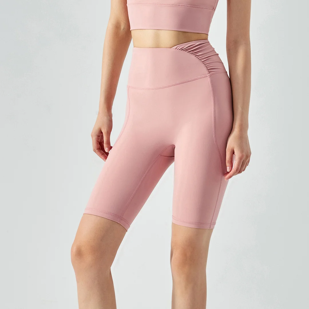 Hergymclothing Clay Pink y shape high waist side scrunch no camel toe buttery soft biker shorts online shopping
