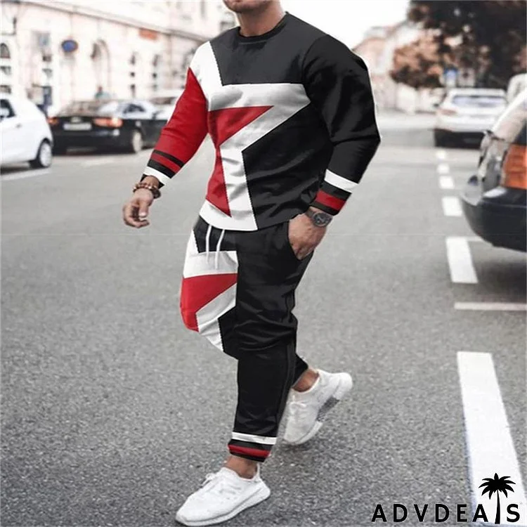 Men Plus Size Casual Long Sleeve Round Neck Graphic Printed Loose T-shirt And Drawstring Waist Jogger Pants Two-piece Set