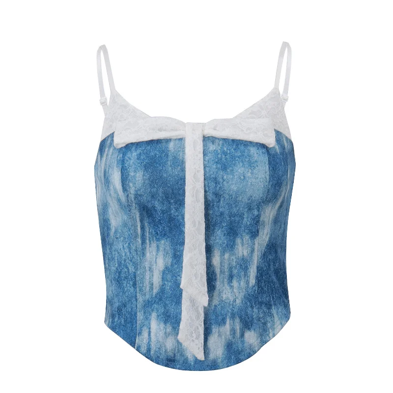 Uveng Uveng 2024 New Women's Fashion Sweet And Spicy Wind Denim Blue Gradient Short Sling Small Vest