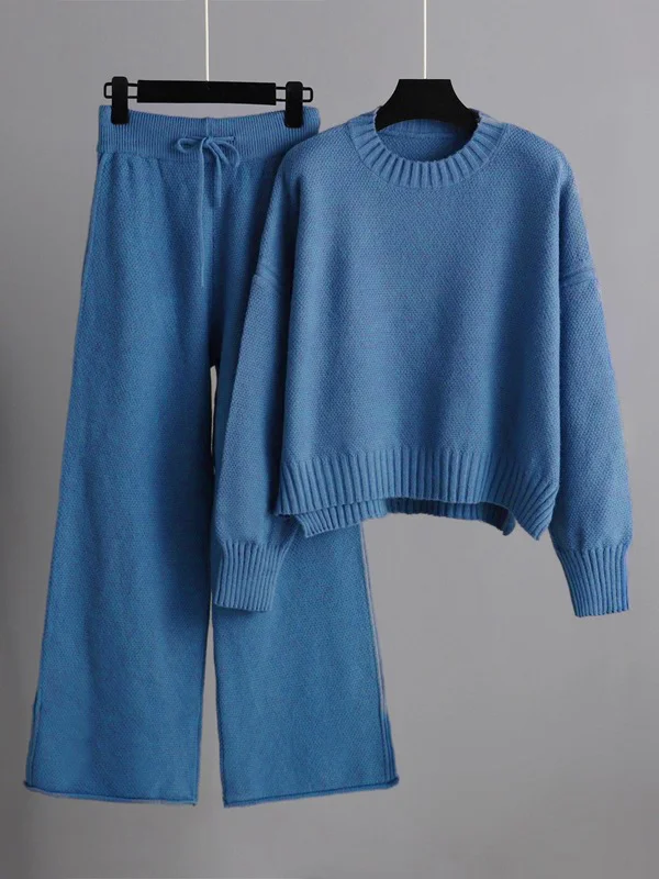 Urban Loose Long Sleeves Solid Color Round-Neck High-Low Sweater Tops & Wide Leg Pants Suits 