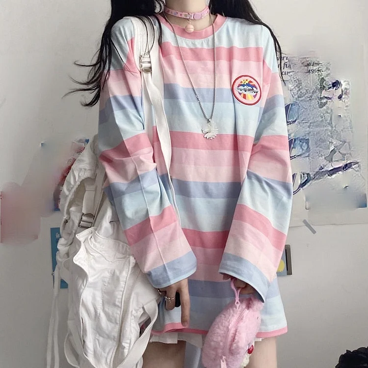 Soft Rainbow Stripes Long Sleeve T-Shirt - Gotamochi Kawaii Shop, Kawaii Clothes