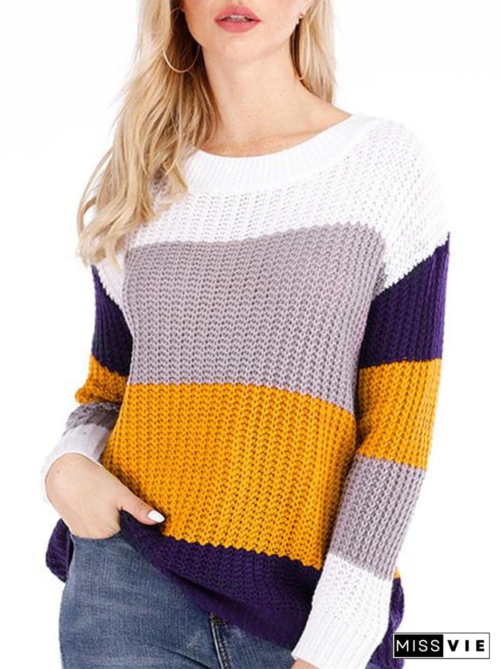 Women's Scoop Neck Long Sleeve Striped Stitching Sweater Top