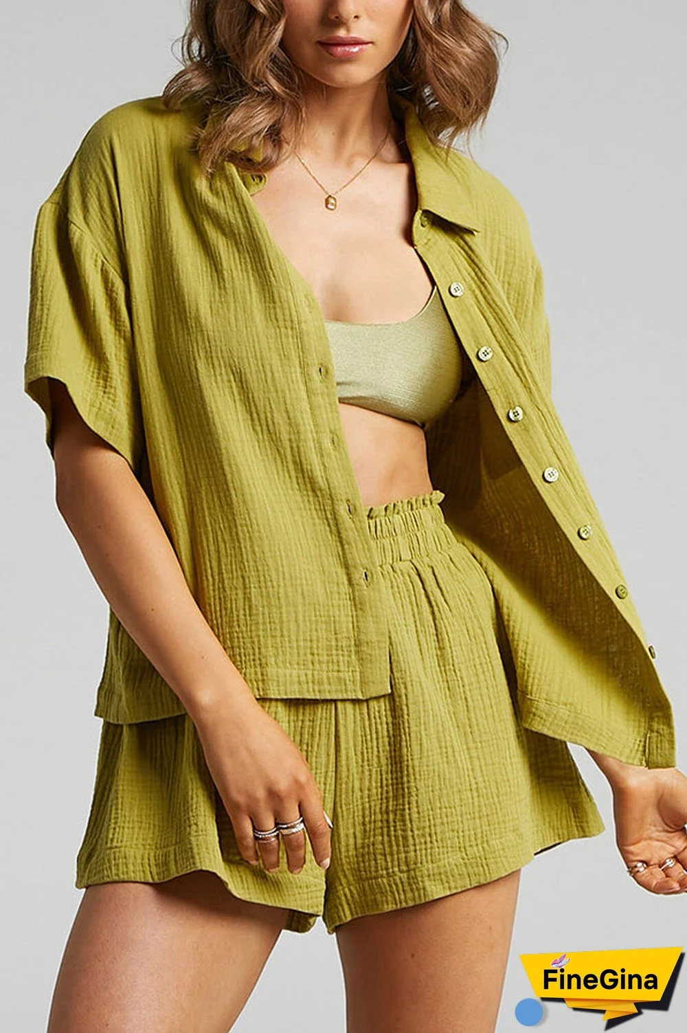 Button Half Sleeve Blouse Short Set