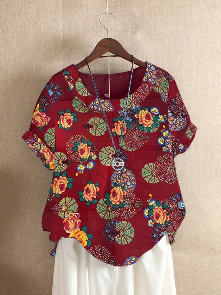 Vintage Print Short Sleeve Overhead T shirt For Women P1672161