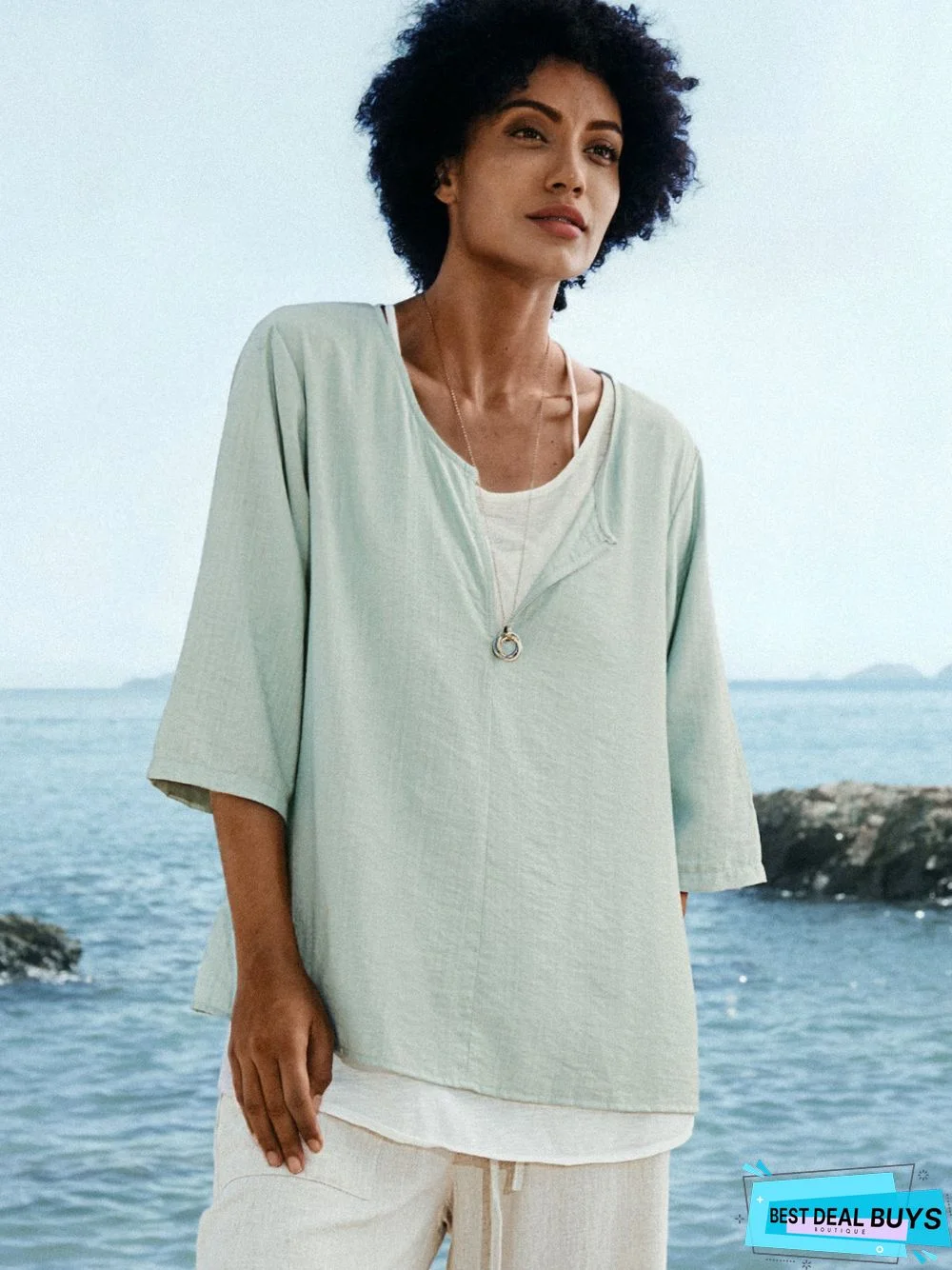 Blue Cotton V Neck 3/4 Sleeve Shift Tunic Top