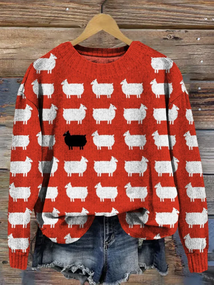 VChics Cute Sheeps Doodle Art Comfy Knit Sweater