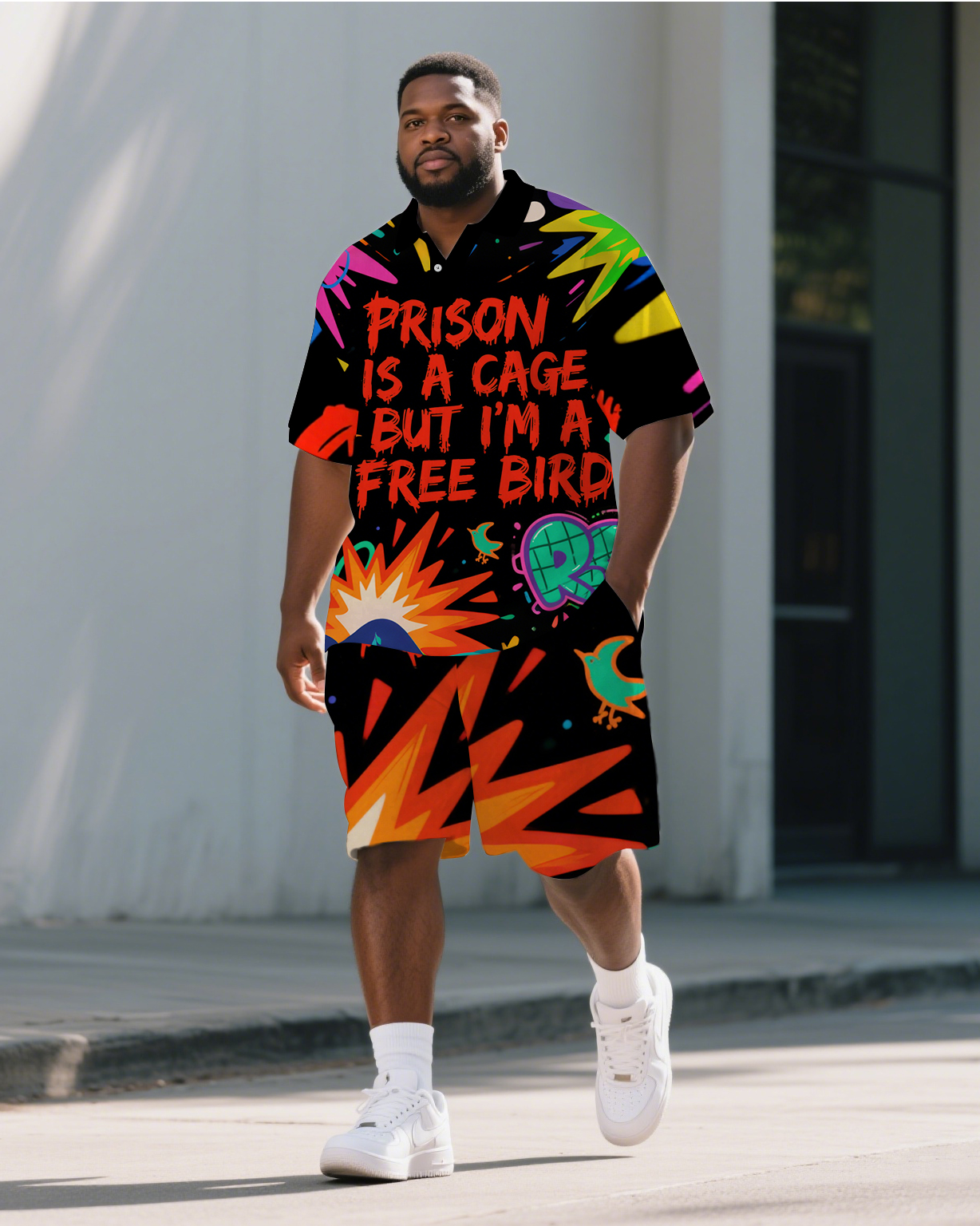 Big Men's Cartoon Letter Graffiti PRISON Theme Short Sleeve Polo Shirt Shorts Casual Set