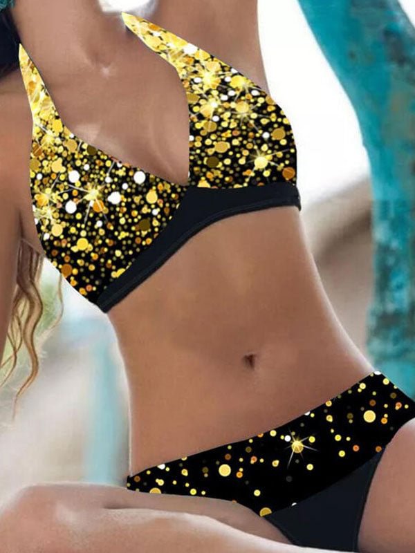 Print Strap V-Neck Casual Bikinis Swimsuits Set