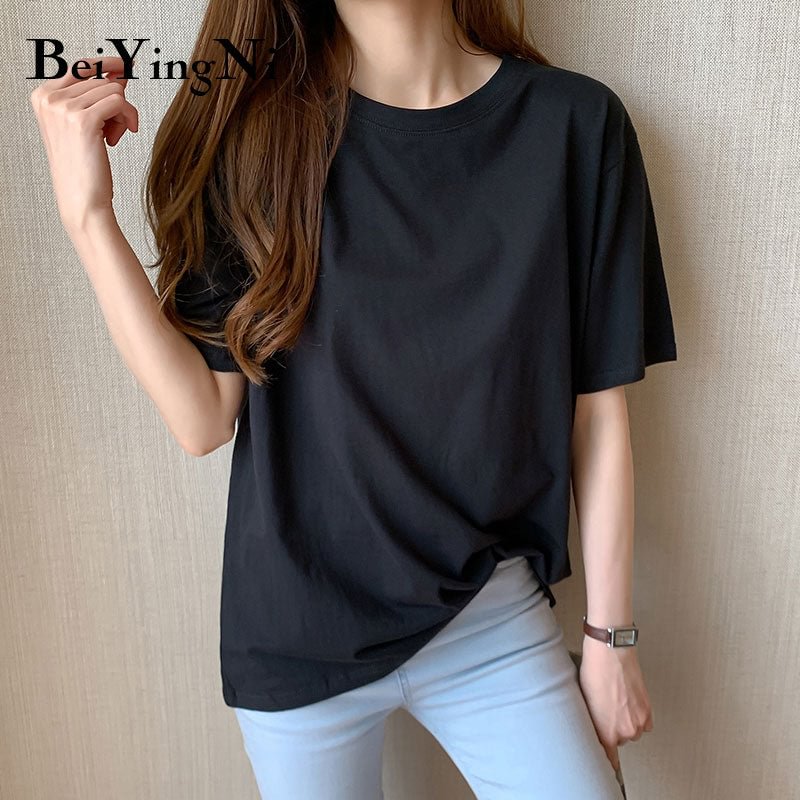 Beiyingni Women Plus Size Casual T Shirt Cotton Loose Korean Hipster Harajuku Tshirt Female M-4XL Basic Vintage Tops Shirts Lady