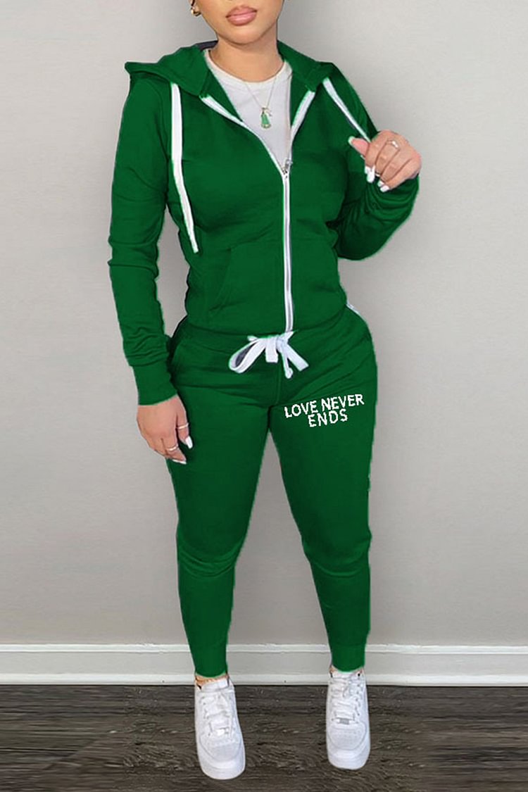 Xpluswear Plus Size Casual Green Graphic Print Long Sleeve Hoodie Two Pieces Pants Set