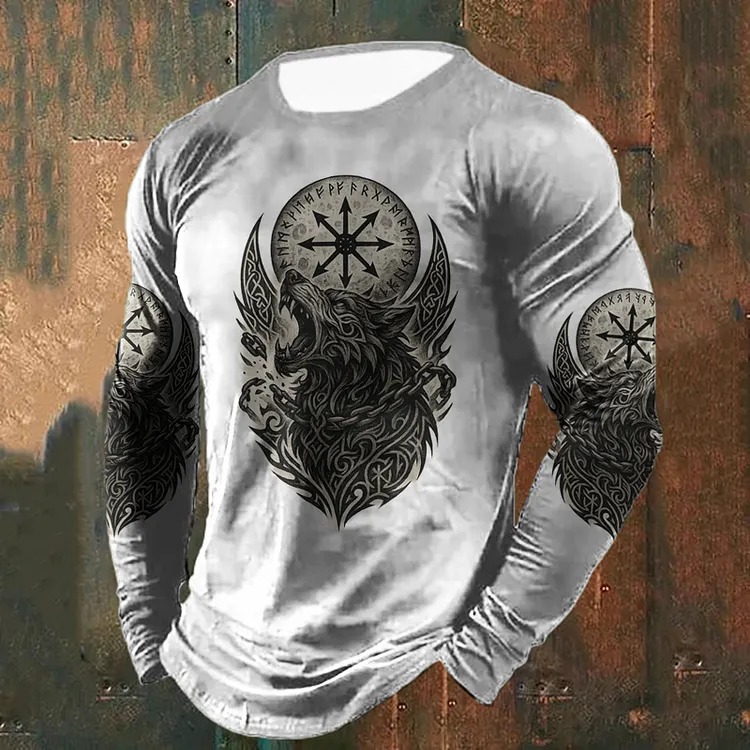 Retro Viking Wolf Graphics Long-sleeved T-shirt