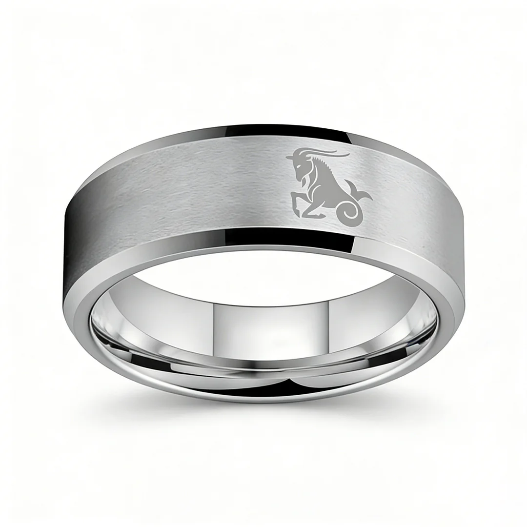 Sliver Edges and Laser Etched Wedding Band Comfort Fit Mens Womens Sliver Capricorn Tungsten Carbide Rings 4MM 6MM 8MM