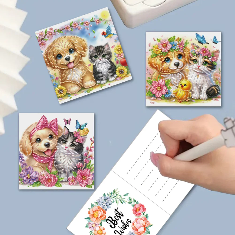 6Pcs 5D DIY Cat Dog Diamond Painting Greeting Card Craft for Friend Family Lover