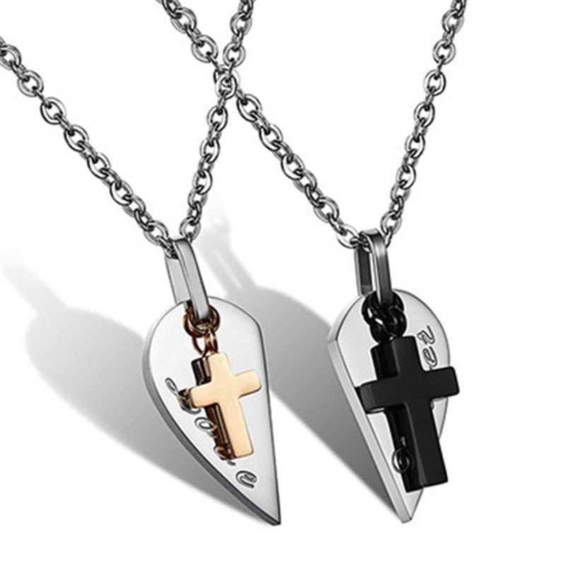 Buzzdaisy Jesus Cross Heart Pendant Necklace Engrave Names For BFF Couples