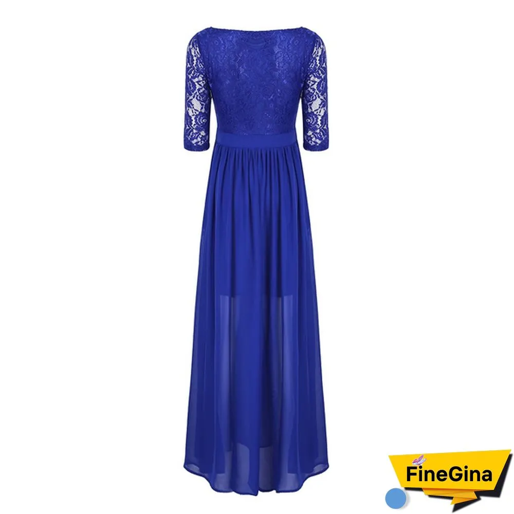 Womens Half Sleeved Embroidered Lace Top Front Slit Chiffon Wedding Bridesmaid Gown Prom