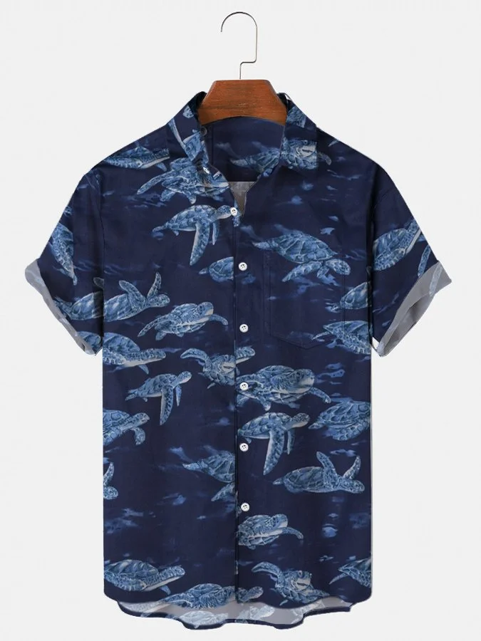 Mens Hawaiian Shirt Casual Button Down Beach Navy Blue Plant Cotton-Blend Shirts