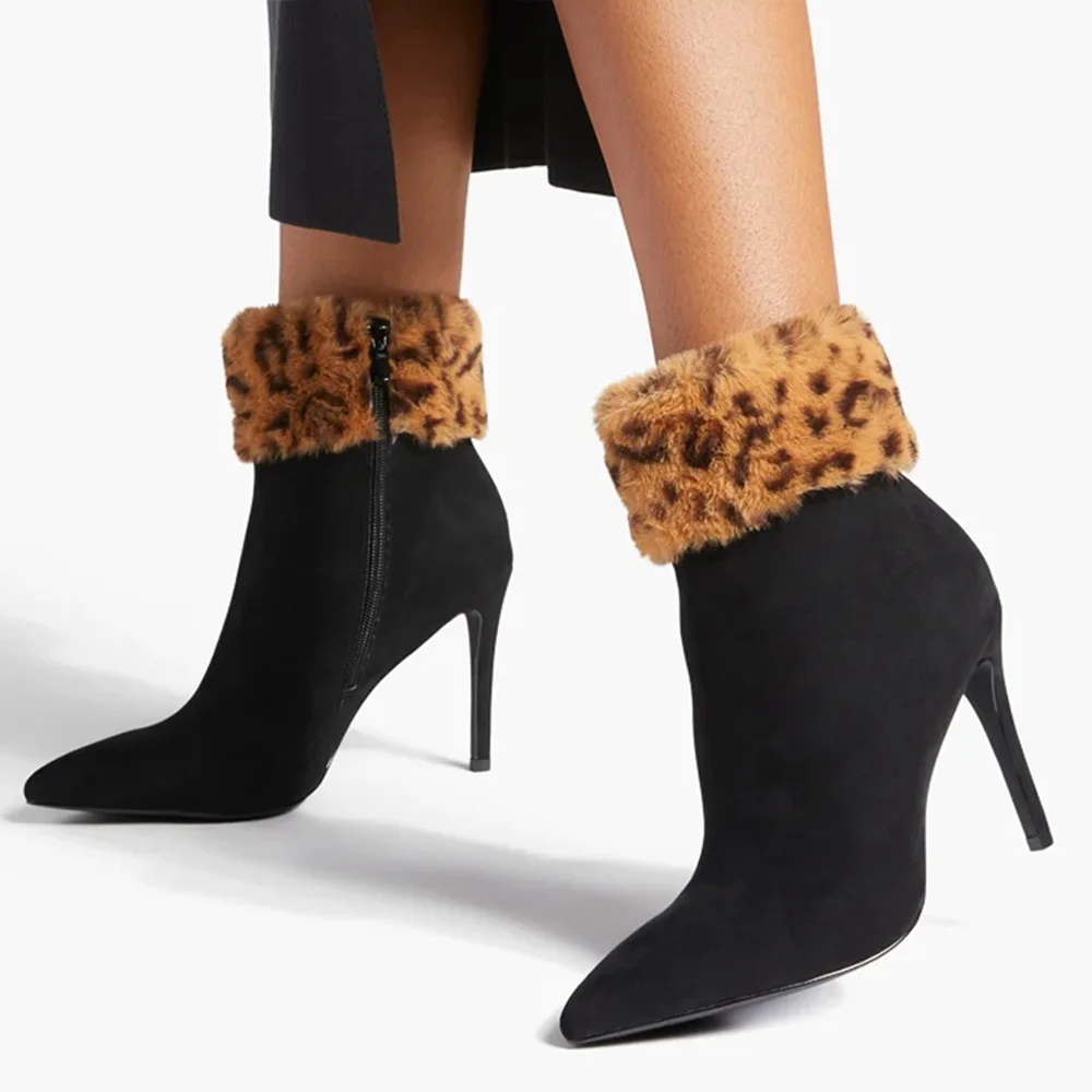Black Pointed Toe Ankle Boots With Leopard Furry Stiletto Heel Boots Nicepairs