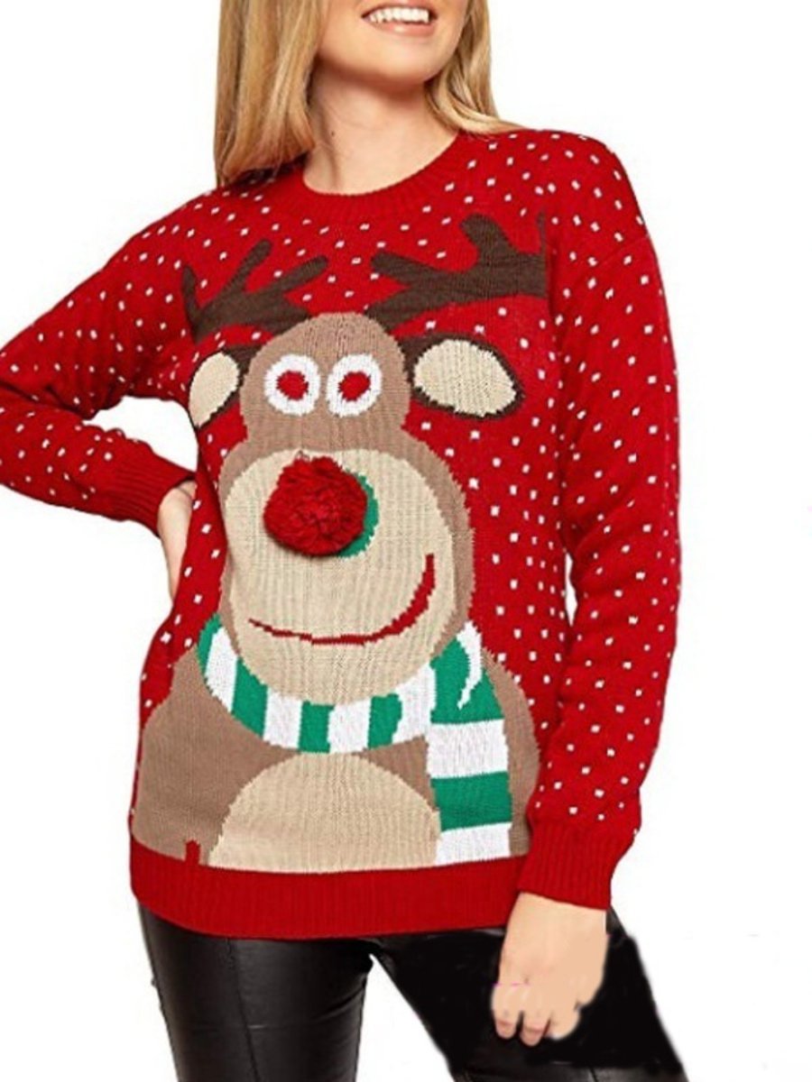 Ugly Christmas Sweater Red Deer PrintKnit Women Ugly Christmas Pullover