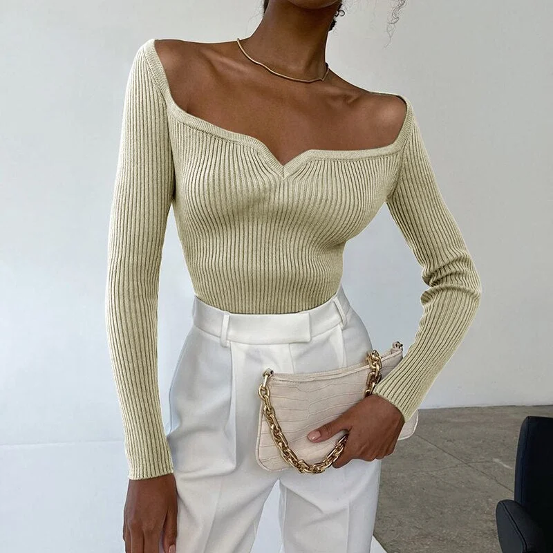 WannaThis Knitted Square Collar Tops Women Sexy Long Sleeve Women Slim Minimalist Autumn 2021 Basic Korean Black Casual T-shirts