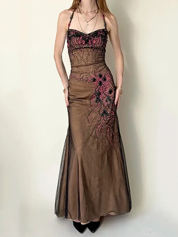 Sequinned Flower Sleeveless Spaghetti-Neck mesh Maxi Dresses Fairytale Dress