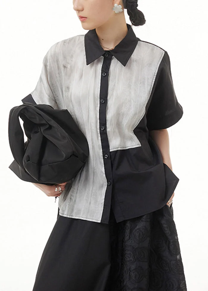 Black Tie Dye Cotton Blouse Tops Oversized Summer