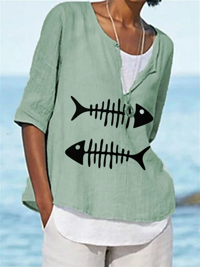 Women's Fishbone Print Slit-Neck Casual Cotton Shirt