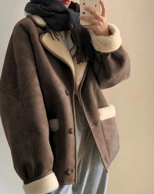 OLCooL 2024 Fall Fashion Suede Lambswool Lapel Neck Jacket olcool