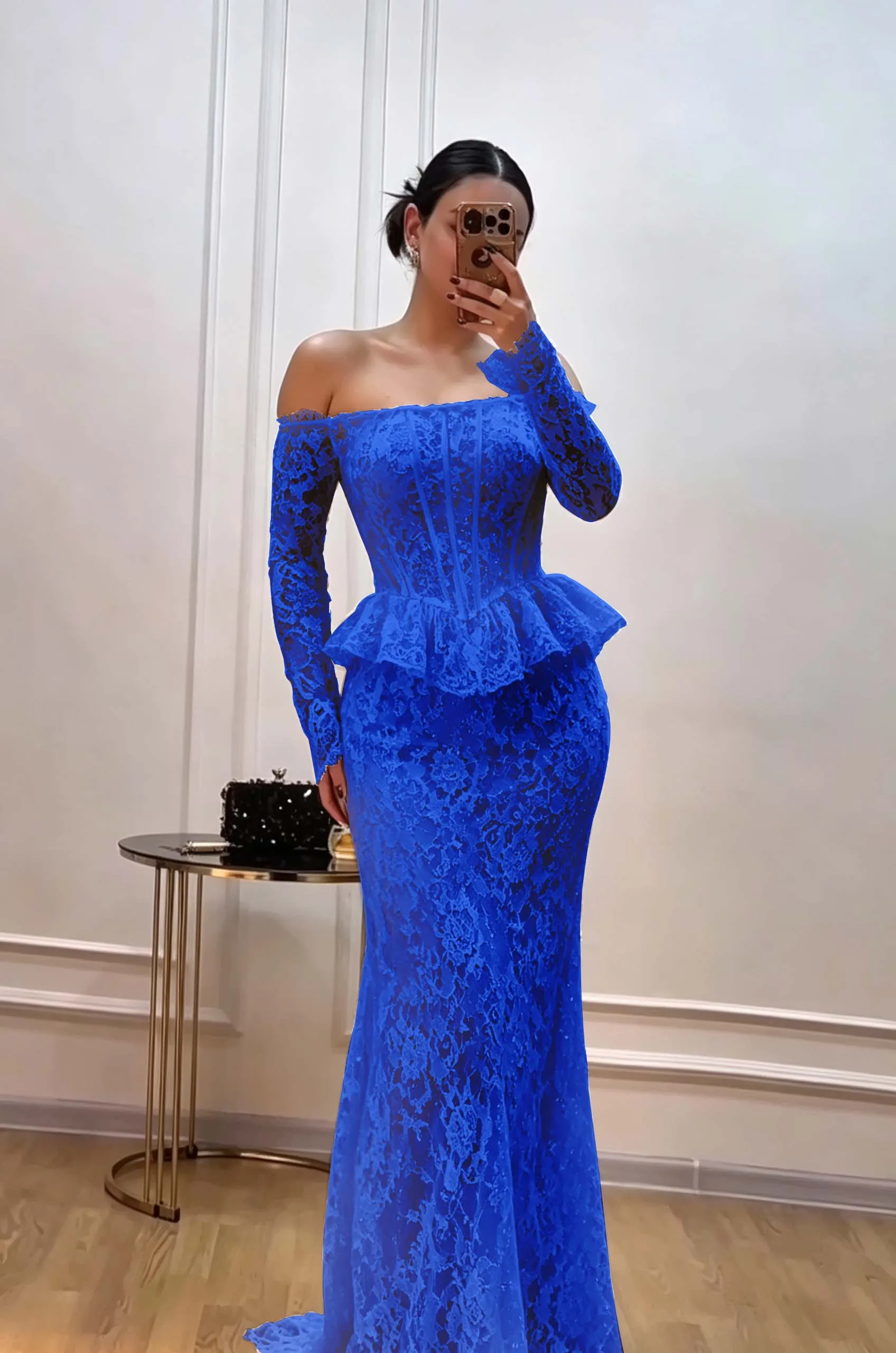 Daisda Exquisite Black Lace Long Sleeves Off-The-Shoulder Long Prom Dress With Sequins