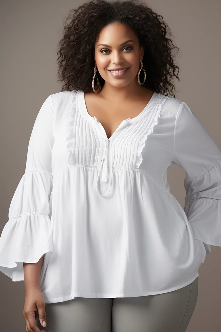 Flycurvy Plus Size Daily Casual White Cotton Pleated Split Neck Flare Sleeve Babydoll Blouse  Flycurvy [product_label]