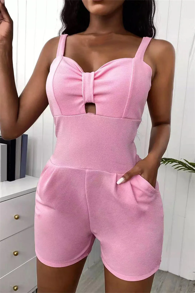 Sexy Casual Solid Hollowed Out Backless Spaghetti Strap Skinny Romper