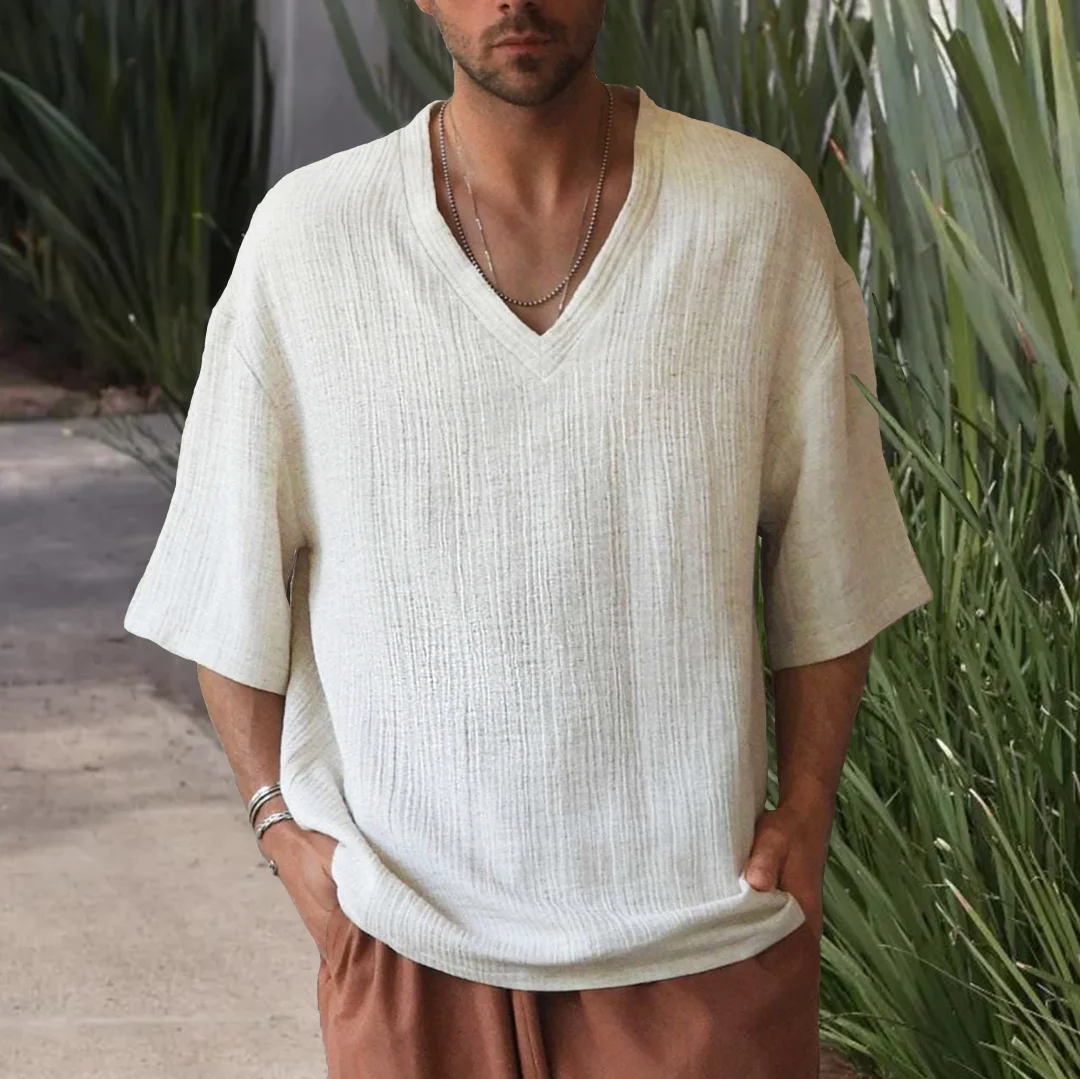 Men's Holiday Linen V-neck Short Sleeve Shirt-inspireuse