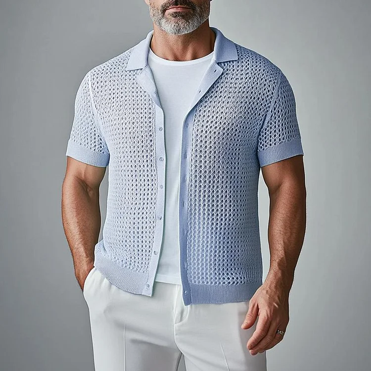 Men's Hollow Out Knit Single Breasted Short Sleeve Shirt