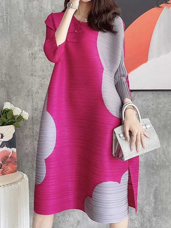 3 Colors Fashion Roomy Contrast Color Pleated Midi Dress