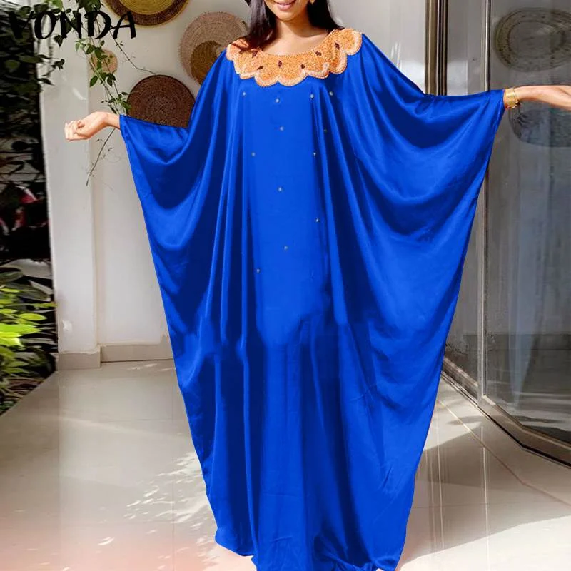 Party Pleated Bat-Sleeve Baggy Vestidos VONDA Women Round Neck Printed Long Maxi Dresses 2022 Elegant Beach Sundress Female Robe