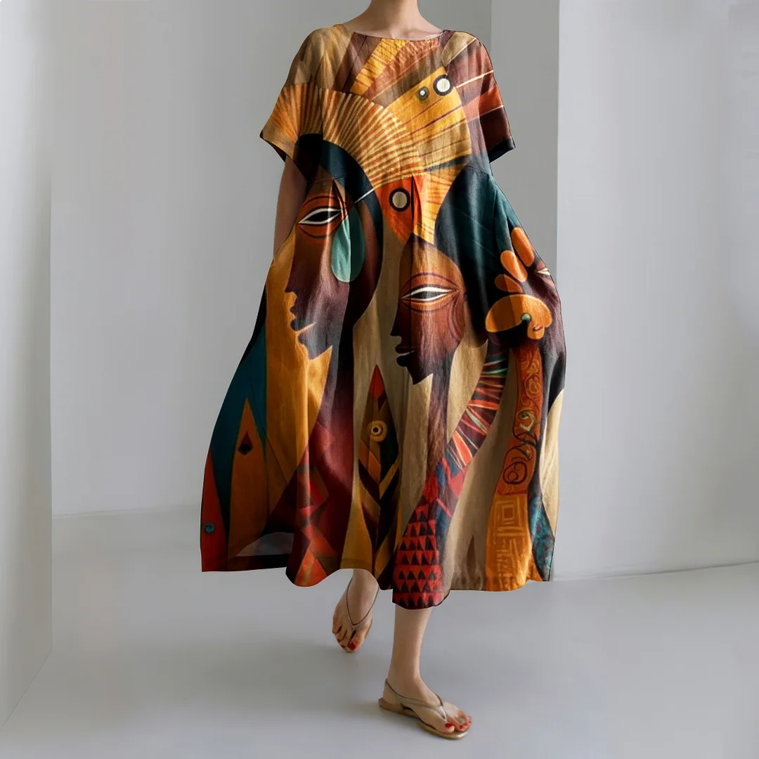 Women‘s Juneteenth Abstract Art Print Short Sleeve Midi Dress