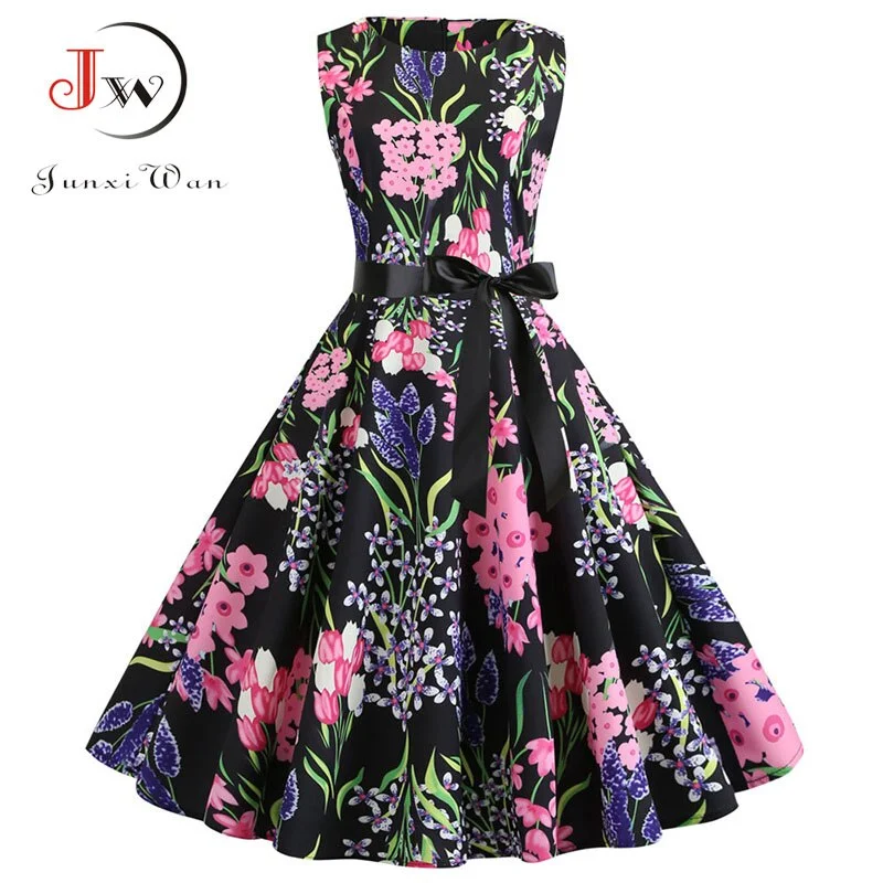 White Floral Print Women Summer Dress Sleeveless Elegant Vintage Party with Belt 50s 60s Robe Femme Casual Midi Dress