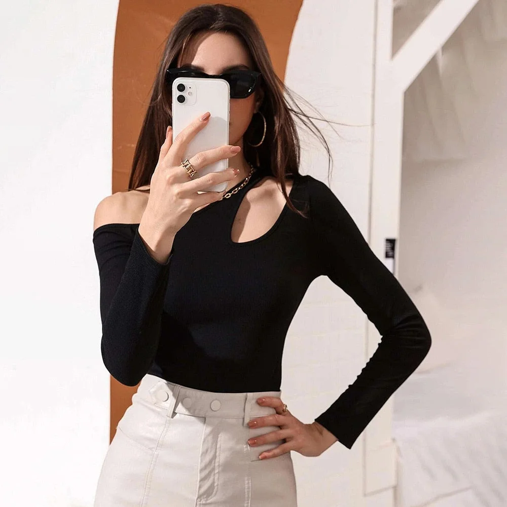 Graduation Dress Sonicelife Slash Neck Long Sleeve Shirt Women Ribbed Hollow Out Cropped Tops 2023 Autumn Black Casual Skinny Slim Basic Woman T Shirts
