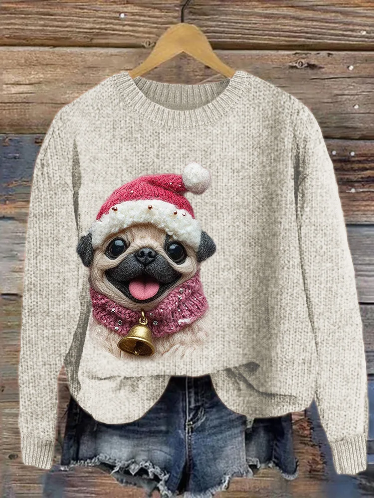 Pink Christmas Pug Dog 3d Embroidered Cozy Knit Sweater