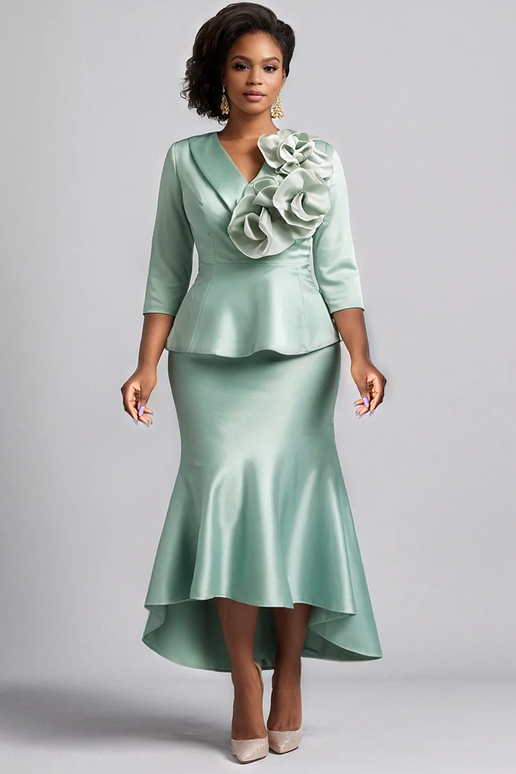 Xpluswear Design Plus Size Mother Of The Bride Satin Sage Green Elegant V Neck 3/4 Sleeve 3D Bodycon Two Piece Skirt Sets [Pre-Order] 2024 - Xpluswear